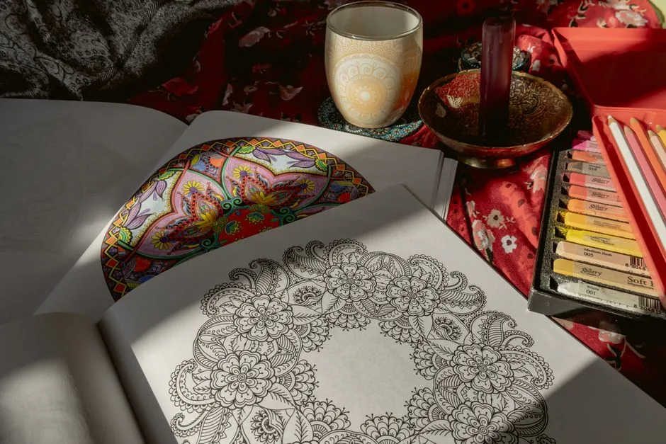 Adult coloring book pages with colored pencils