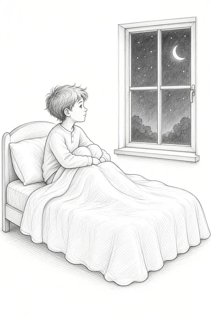 Boy sitting up in bed looking toward a nighttime window with a crescent moon