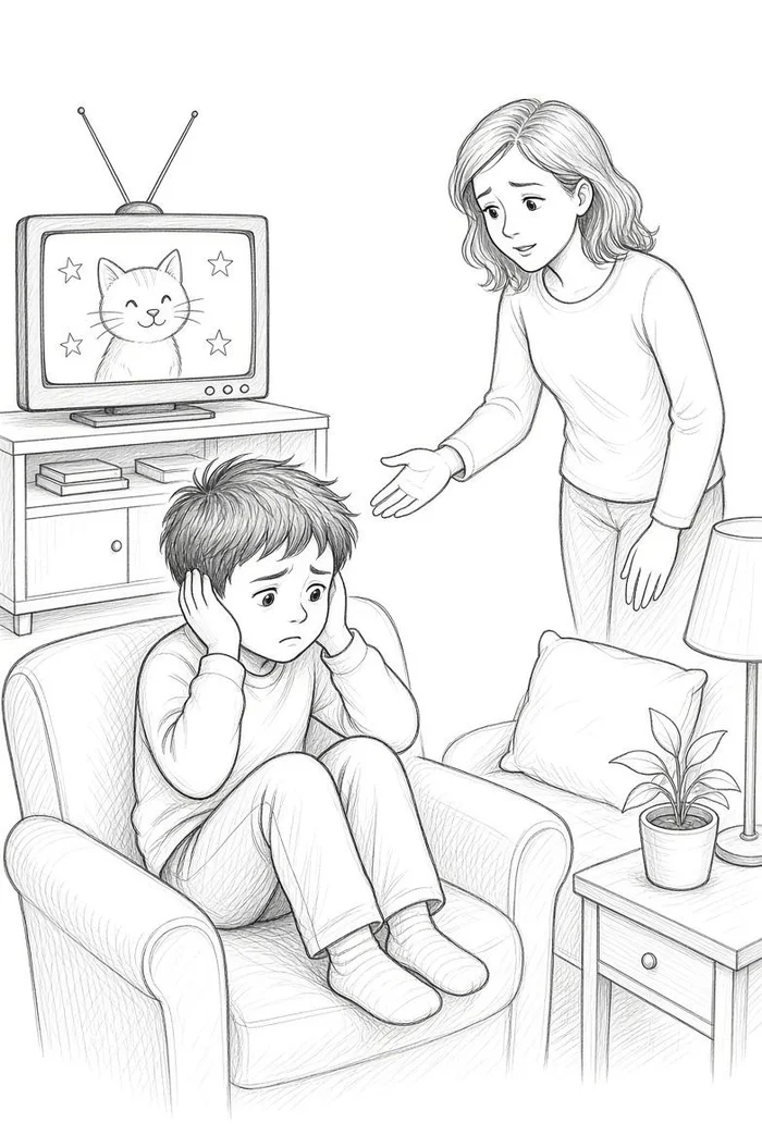Boy covering his ears on the couch while his mom reaches toward him, a TV in the background