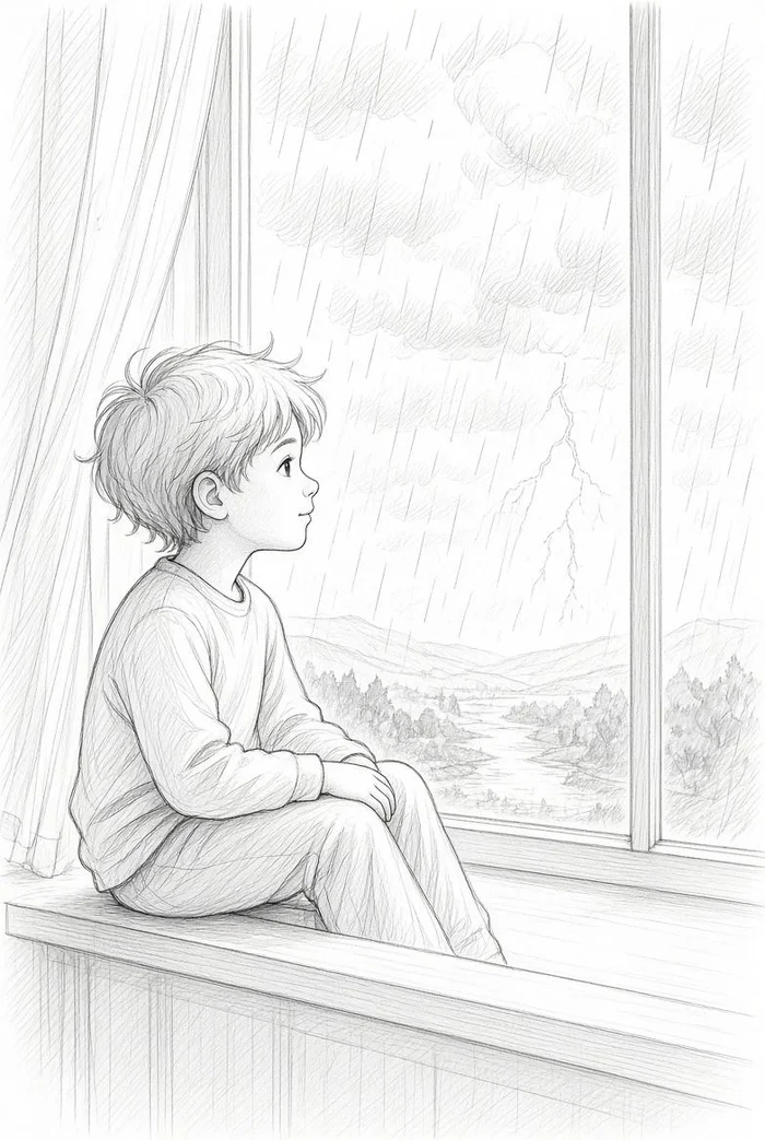 Boy sitting at a window watching a lightning storm outside