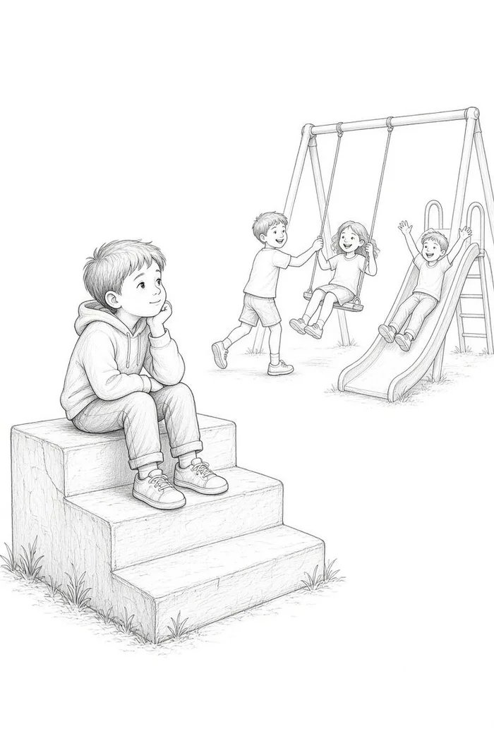 Boy sitting alone on steps watching other kids play on a swing set and slide