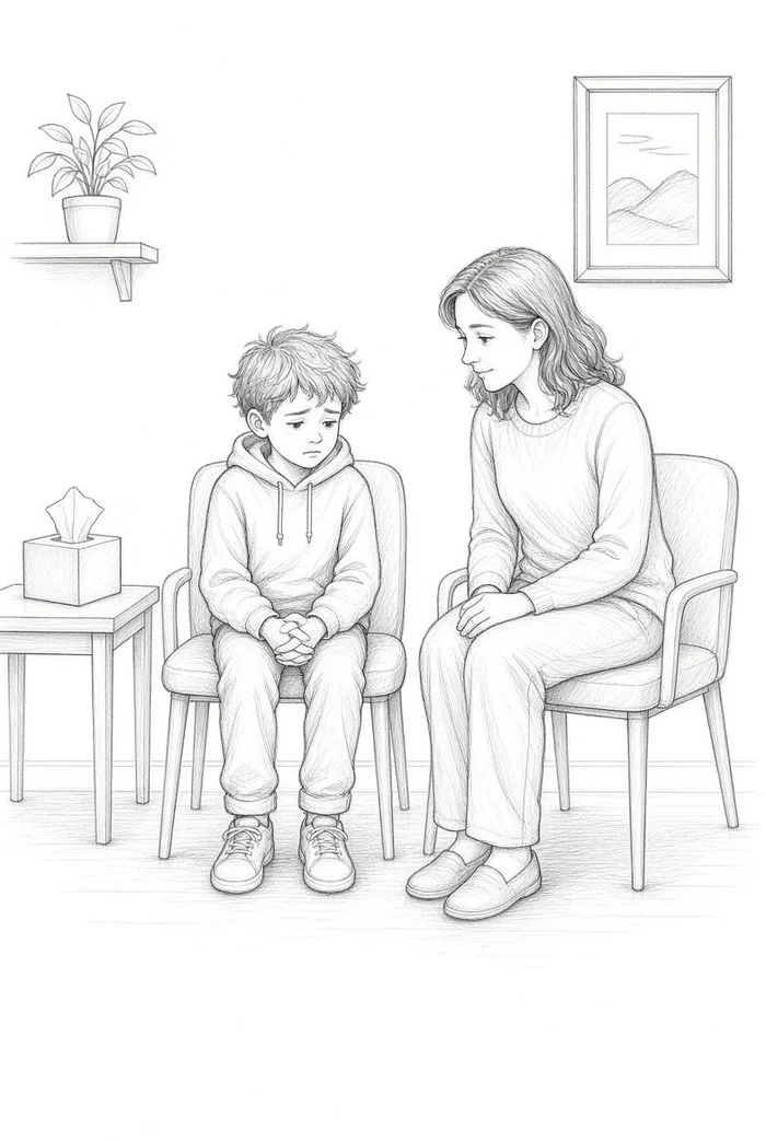 Boy sitting next to his mom in a doctor's waiting room