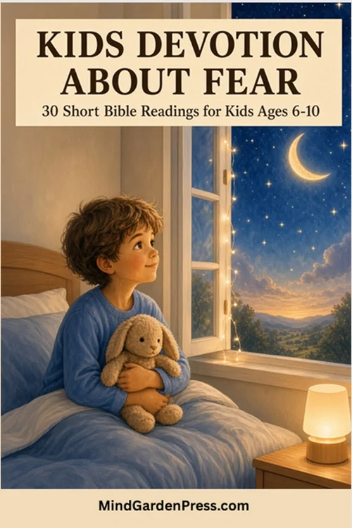 Kids Devotion About Fear book cover, a boy hugging a stuffed rabbit by a nighttime window
