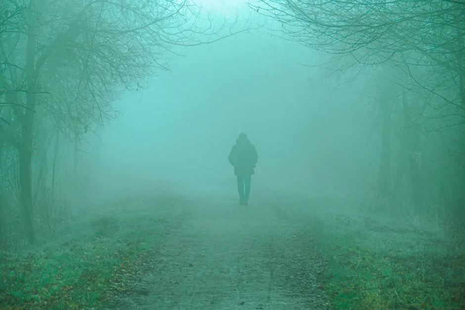 A figure walking forward on a path disappearing into mist — confident faith stepping into the unseen