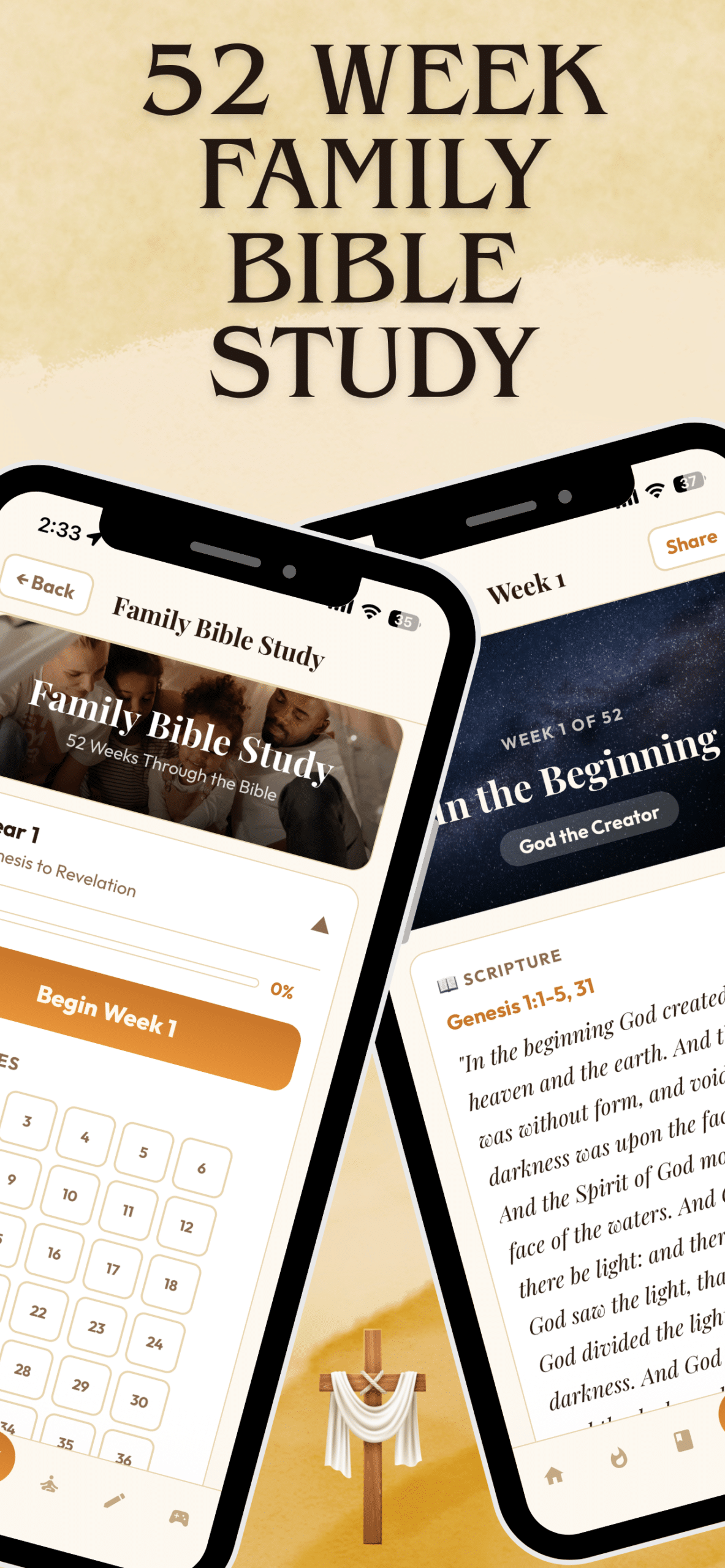 FaithSpark 52 week family Bible study showing Week 1 Genesis scripture