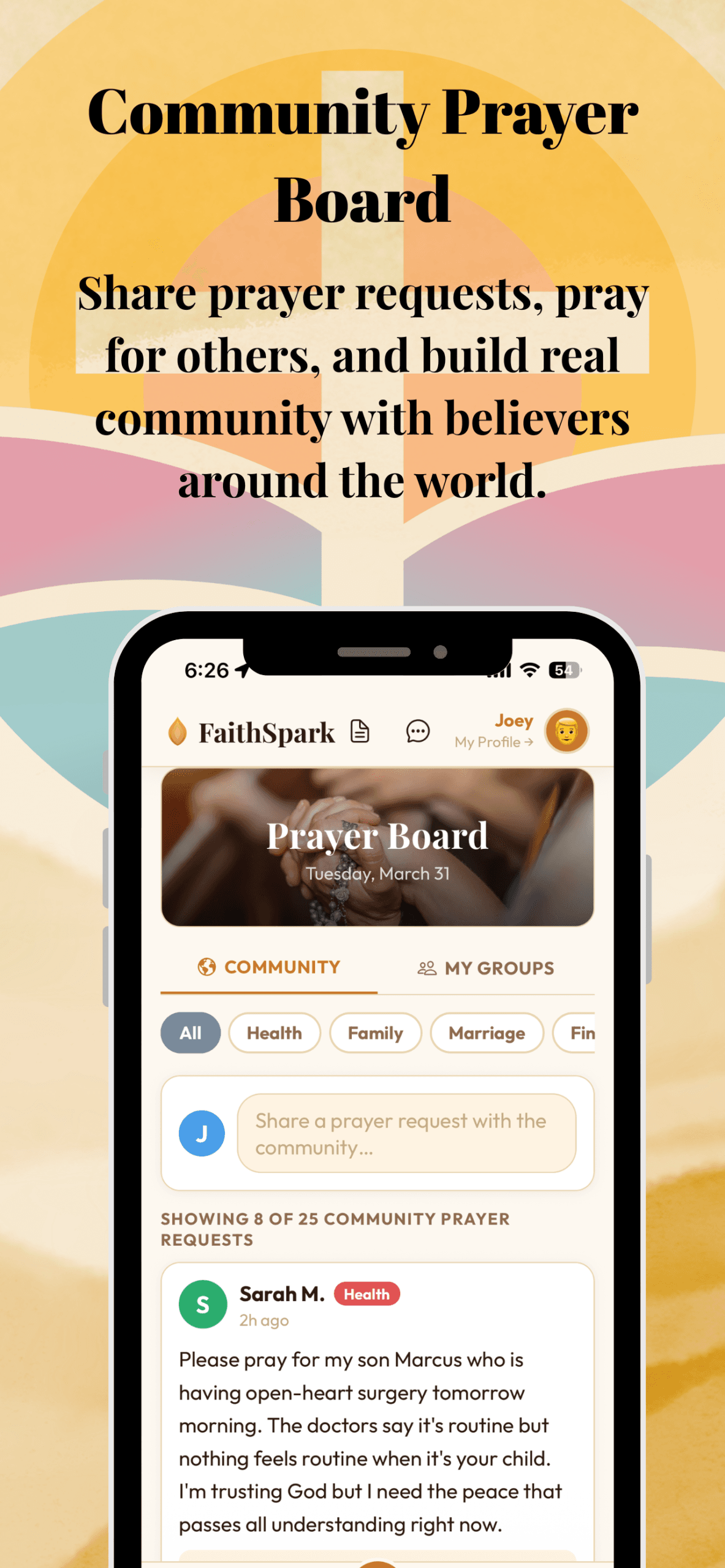 FaithSpark community prayer board showing prayer requests from believers worldwide