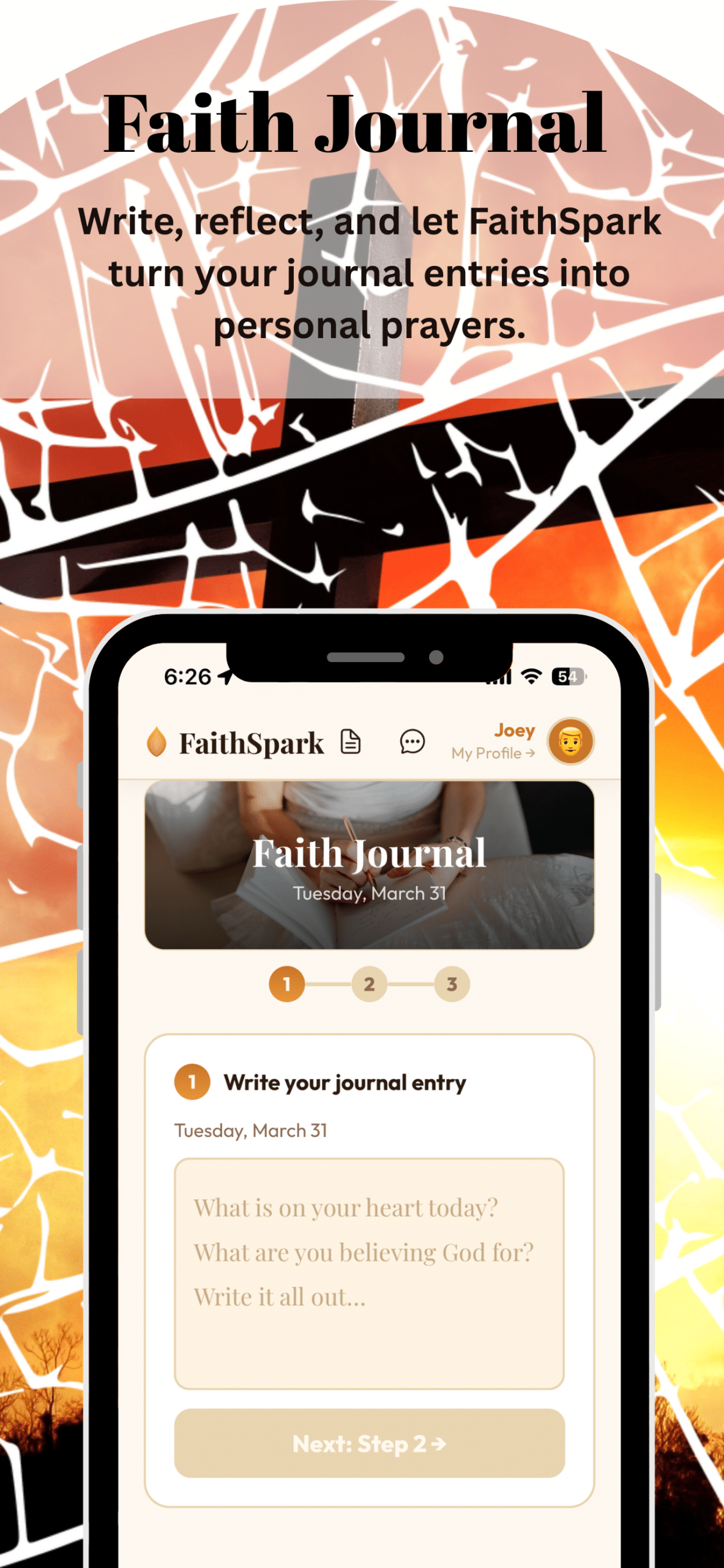 FaithSpark faith journal showing three-step journaling process